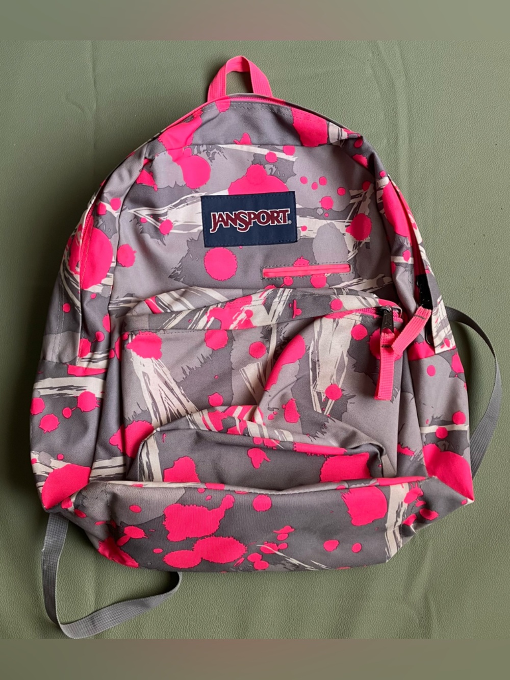 Jansport Gray Backpack with Bright Pink Splash Accents